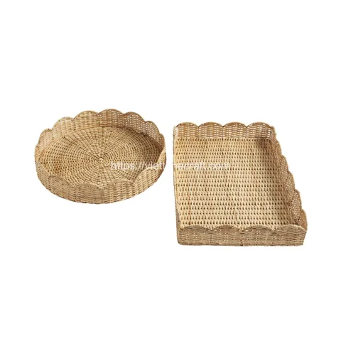 Set Wicker Scalloped Edge Rattan Basket And Tray, Bowl Wholesale