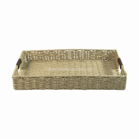 Rectangle Straw Serving Tray Vietnam With Leather Handle Wholesale – GI00017