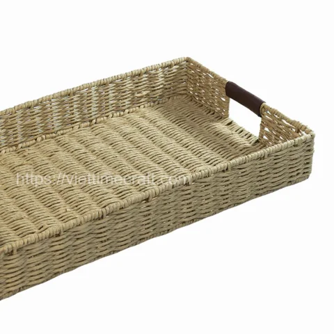 Rectangle Straw Serving Tray Vietnam With Leather Handle Wholesale – GI00017