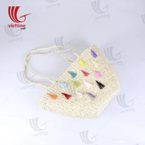 Palm Leaf Handbag With Colorful Tassel