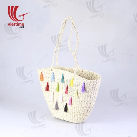 Palm Leaf Handbag With Colorful Tassel