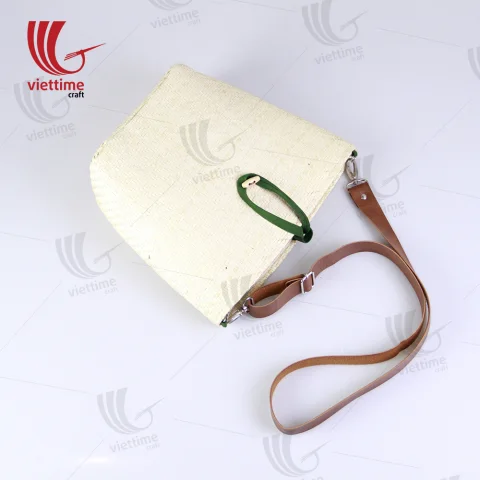 White Palm Leaf Bag With Leather Strap