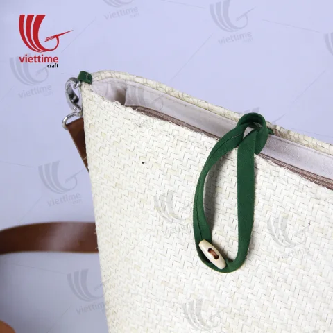 White Palm Leaf Bag With Leather Strap