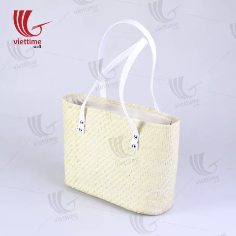 Palm Leaf Bag With White Leather Strap