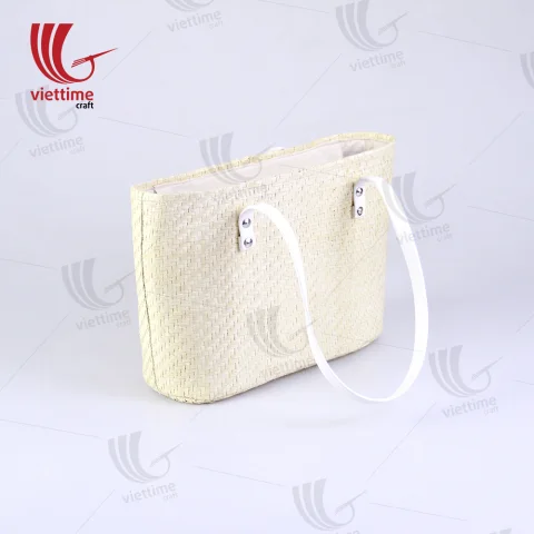 Palm Leaf Bag With White Leather Strap