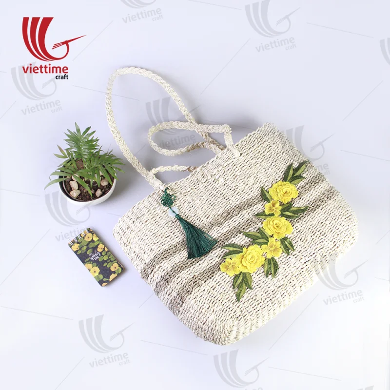 Flower Embroidered Palm Leaf HandBag