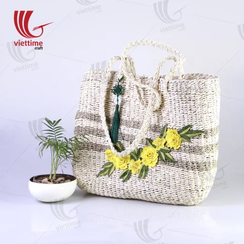Flower Embroidered Palm Leaf HandBag