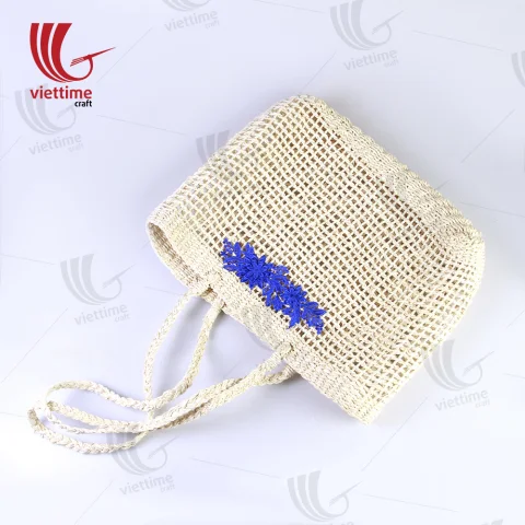 Blue Flower Embroidered Palm Leaf bag