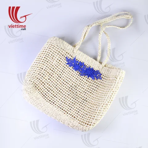 Blue Flower Embroidered Palm Leaf bag