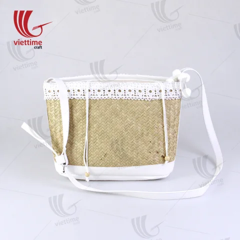 White Embroidered Shoulder Lepironia Bag