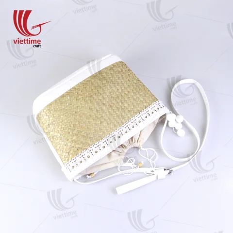 White Embroidered Shoulder Lepironia Bag