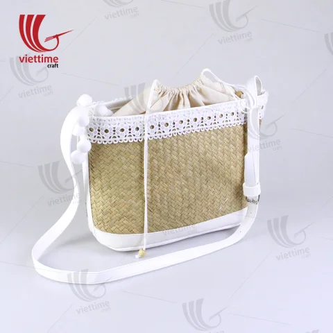 White Embroidered Shoulder Lepironia Bag