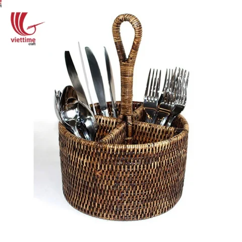 Rattan Round Utensil Caddy Basket