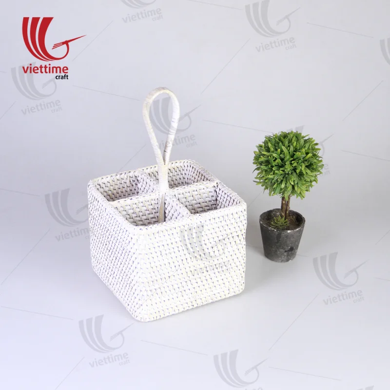 White Rattan Utensil Condiment Caddy Basket