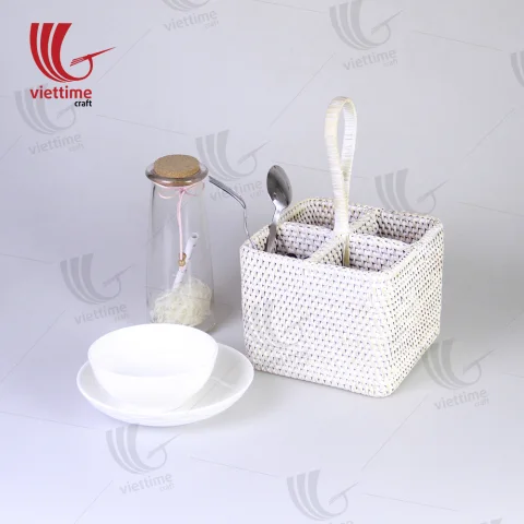 White Rattan Utensil Condiment Caddy Basket