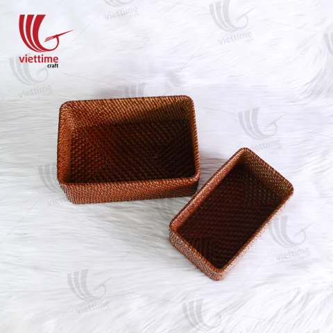 Set Of 2 Small Brown Wicker Rattan Basket