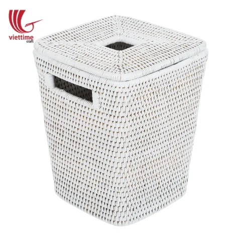 White Lidded Rattan Wicker Laundry Basket