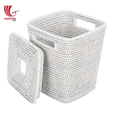 White Lidded Rattan Wicker Laundry Basket
