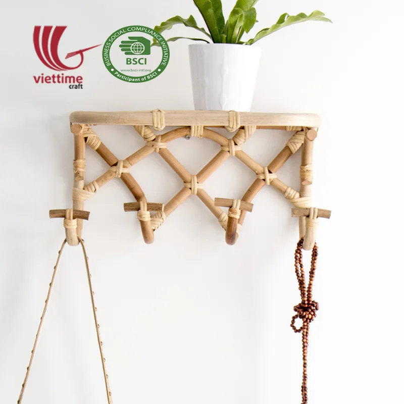 Rattan Coat Rack With Hooks And Shelf