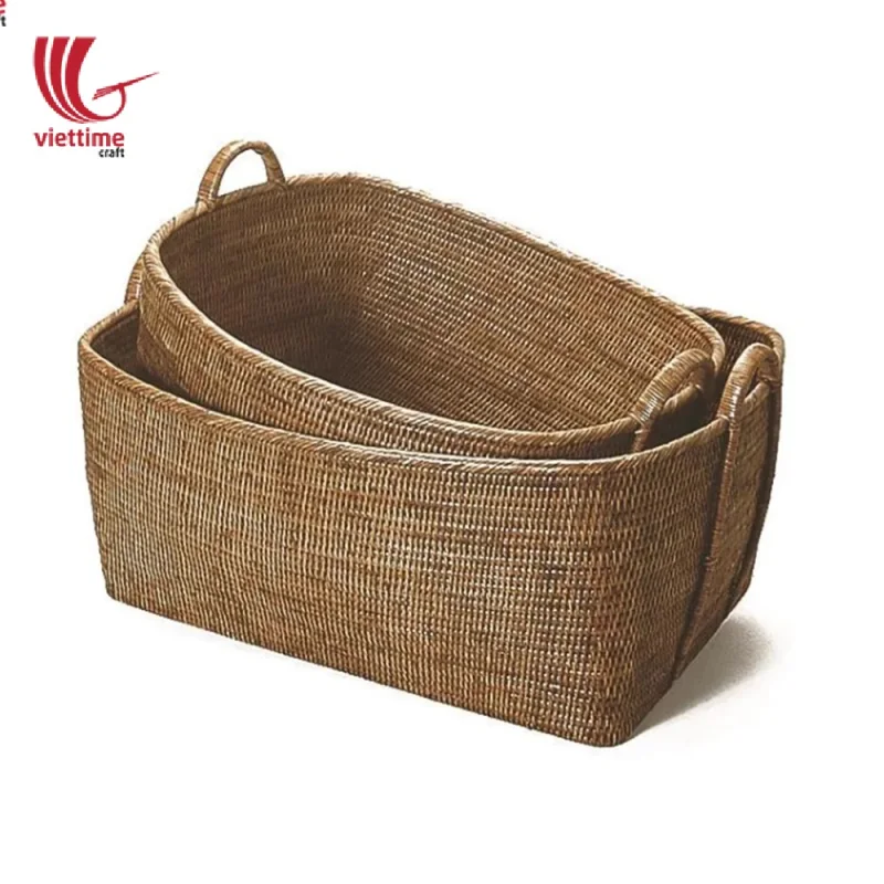 Honey Brown Rectangle Low Rattan Storage Basket