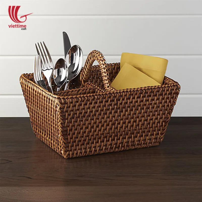 Rattan Rectangle Utensil Condiment Caddy Holder