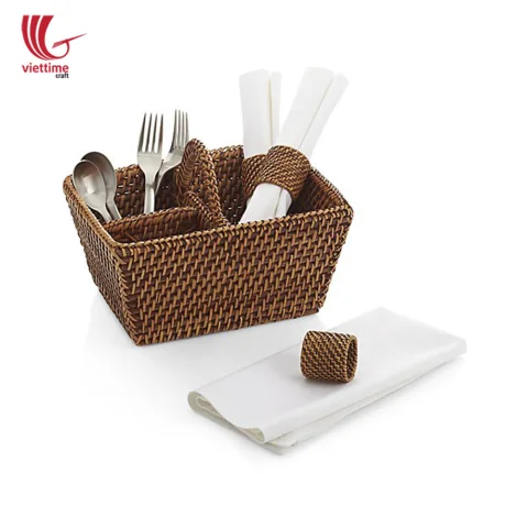 Rattan Rectangle Utensil Condiment Caddy Holder
