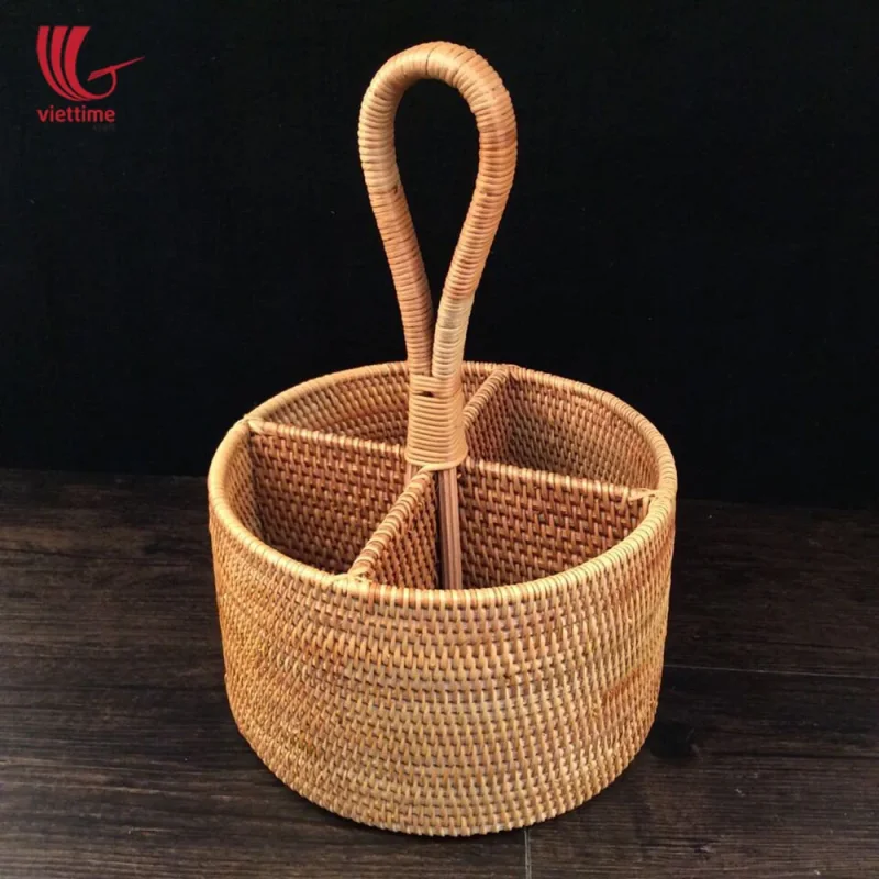 Brown Rattan Round Utensil Caddy Basket