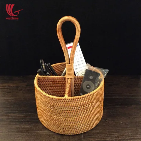 Brown Rattan Round Utensil Caddy Basket