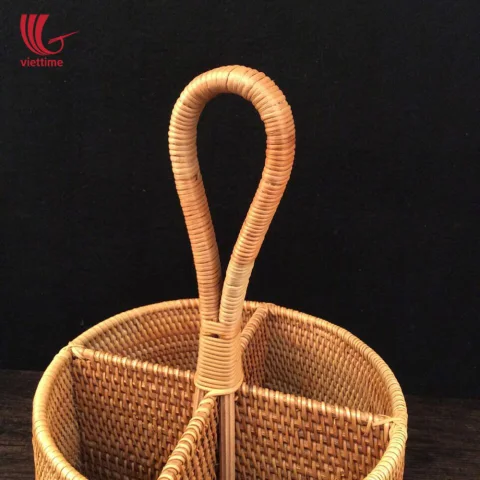 Brown Rattan Round Utensil Caddy Basket