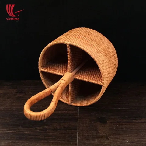 Brown Rattan Round Utensil Caddy Basket