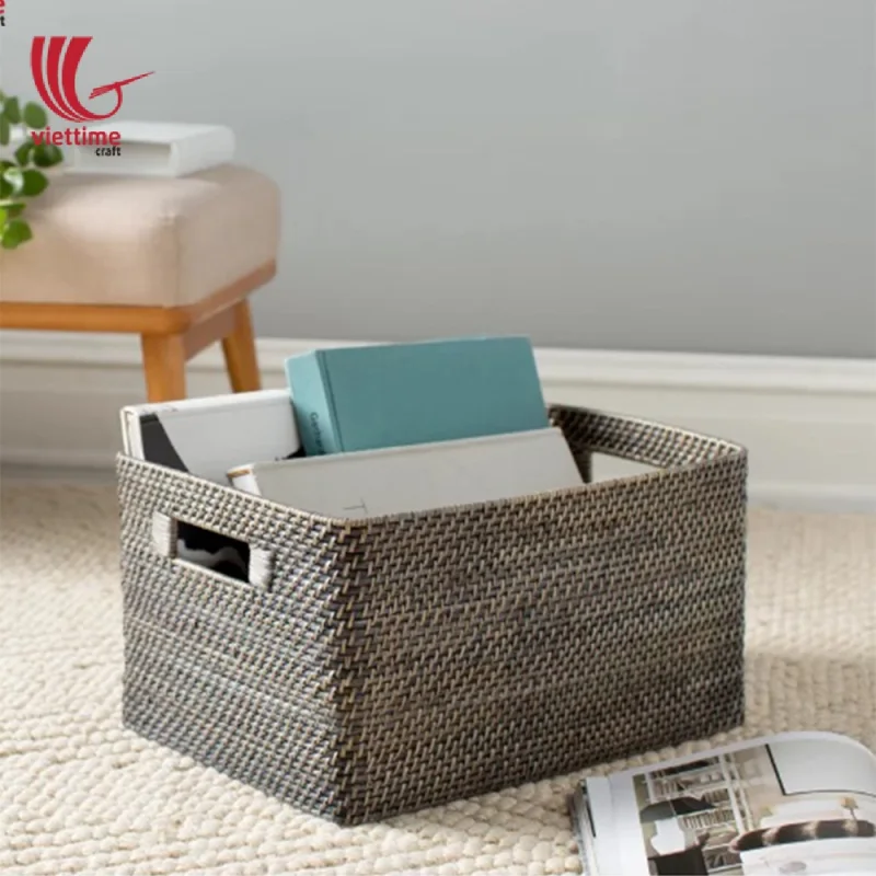 Rectangular Greywash Rattan Bins Wholesale
