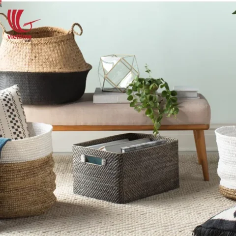 Rectangular Greywash Rattan Bins Wholesale