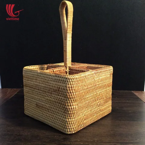 Rattan Square Utensil Condiment Caddy Basket