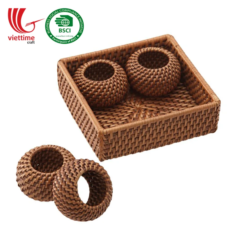 Rattan Napkin Rings Set 4 With Tray