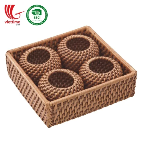 Rattan Napkin Rings Set 4 With Tray