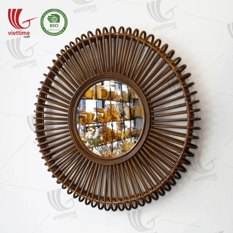 Round Brown Rattan Mirror Decor