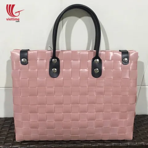 Handwoven Plastic Basket Bag With Leather Handle