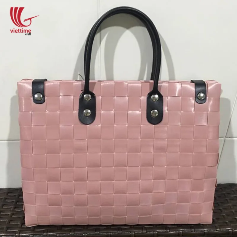 Handwoven Plastic Basket Bag With Leather Handle