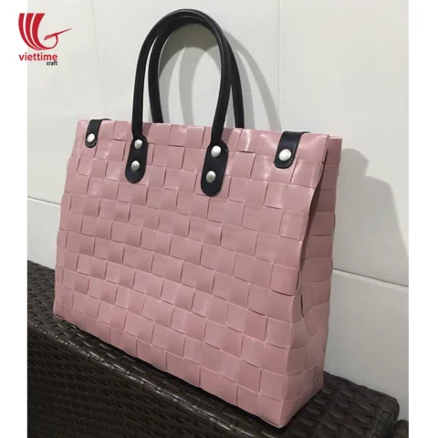 Handwoven Plastic Basket Bag With Leather Handle