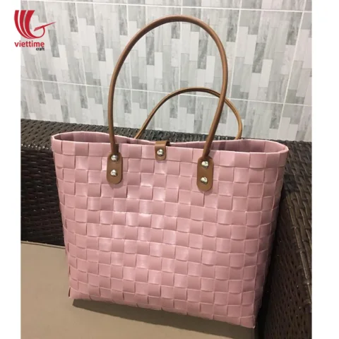 Handwoven Plastic Basket Bag With Leather Handle