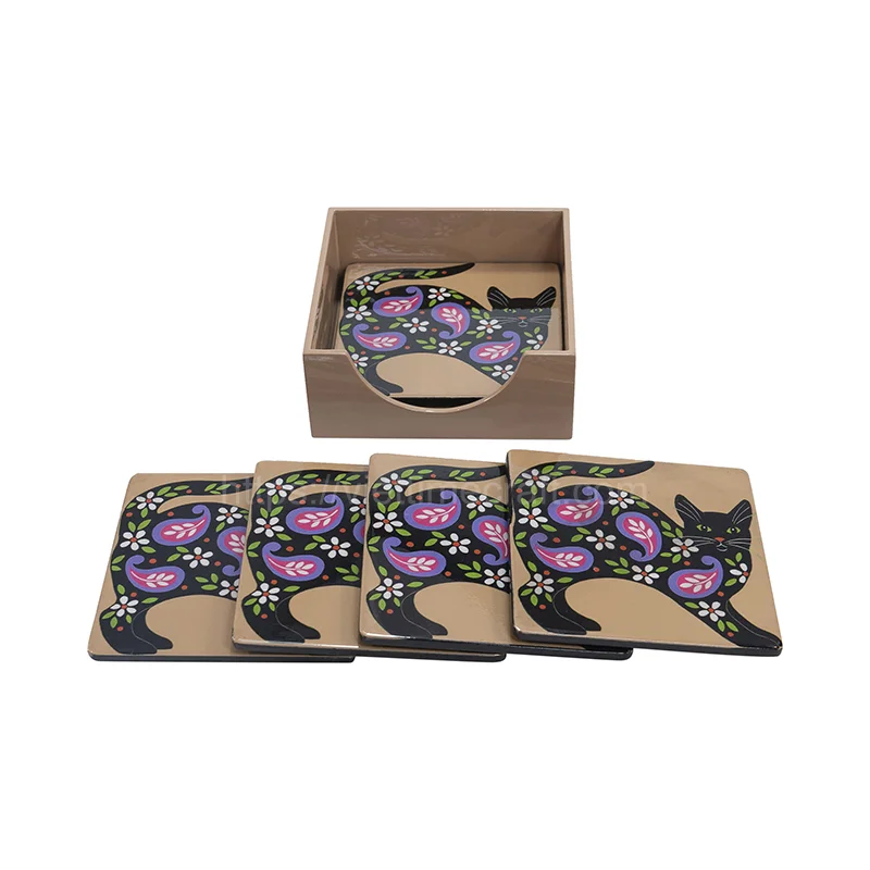 Set 6 Cat Pattern Lacquer Coaster