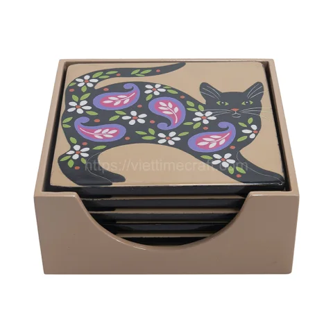 Set 6 Cat Pattern Lacquer Coaster