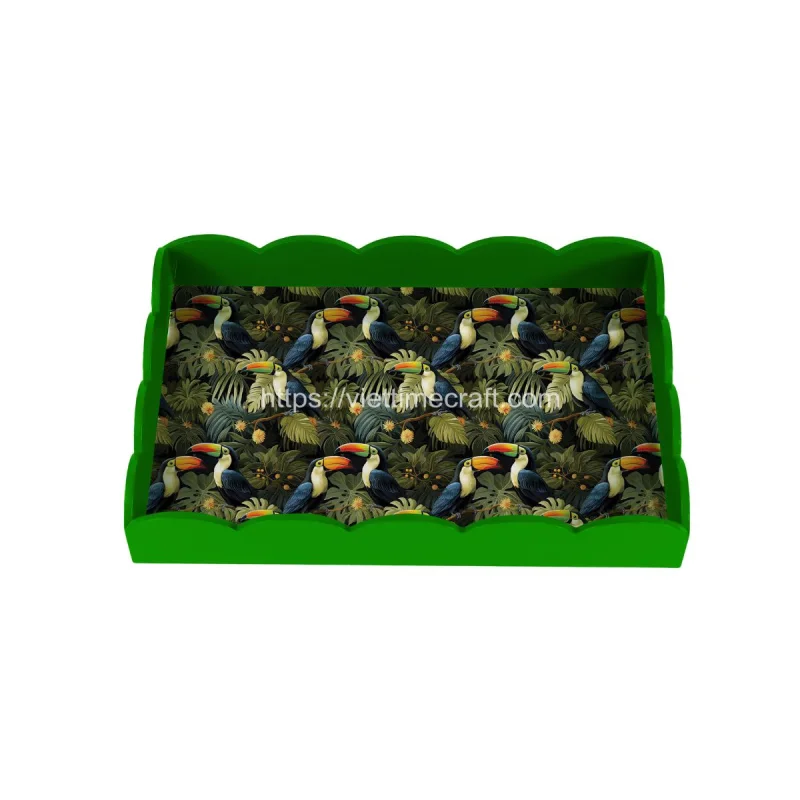 Parrot Pattern Lacquer Serving Tray With Scalloped Design Wholesale