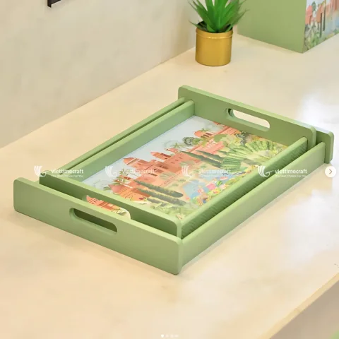 Elegant Green Lacquer Kitchen Organizer Set with Oriental Art: Tray, Utensil, Tissue Box for Home Decor