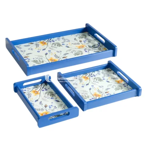 Set of 3, Lacquer Natural Wood Serving Trays with Handles, Nesting Tray