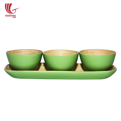 Set Of 3 Small Bamboo Bowl With Tray