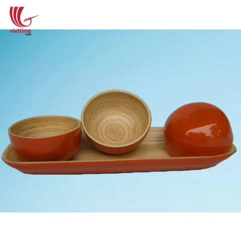 Set Of 3 Small Bamboo Bowl With Tray