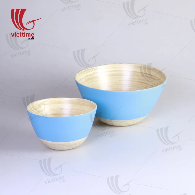 Blue Lacquered Bamboo Bowl Set Of 2