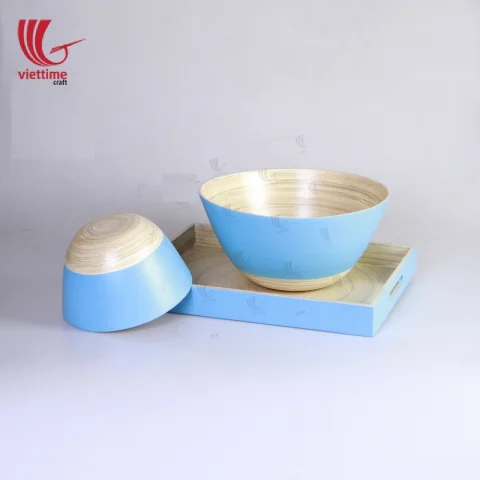 Blue Lacquered Spun Bamboo Tray With Handle