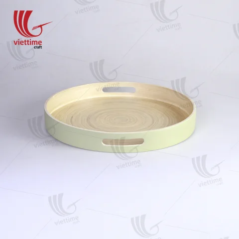 Green Lacquered Spun Bamboo Tray With Handle